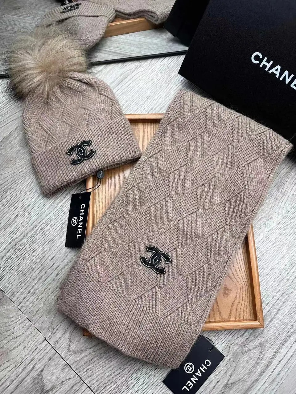 CHANEL Cashmere Wool Beanie & Scarf Set CHANEL Cashmere Wool Beanie & Scarf Set