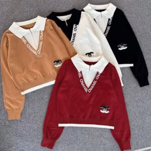 CHANEL V-Neck Collared Logo Sweatshirt