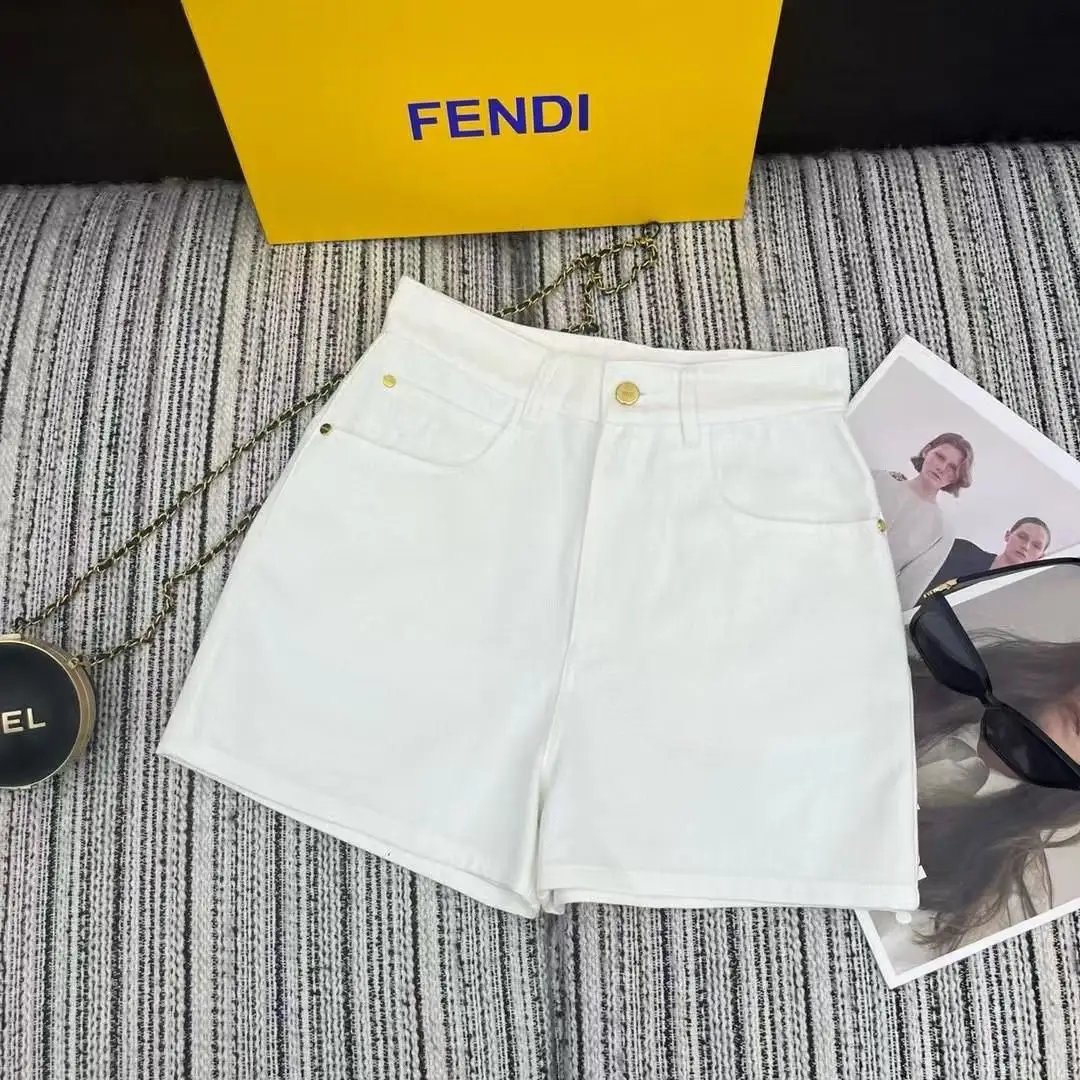 FENDI Women's Elastic Waist Denim White Shorts FENDI Women's Elastic Waist Denim White Shorts