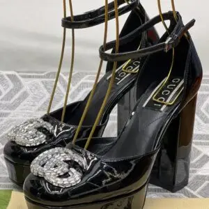 Gucci Black Patent Leather Crystal GG Sandals