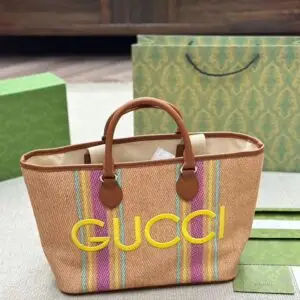 GUCCI Logo-Embroidered Striped Tote Bag