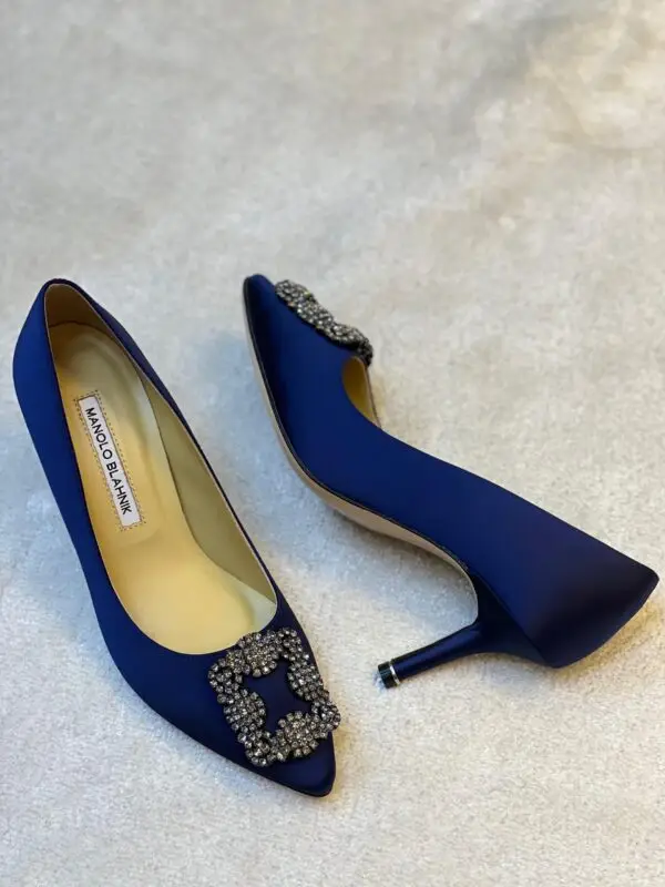 Manolo Blahnik Blue Satin Hangisi Crystal Embellished Pumps