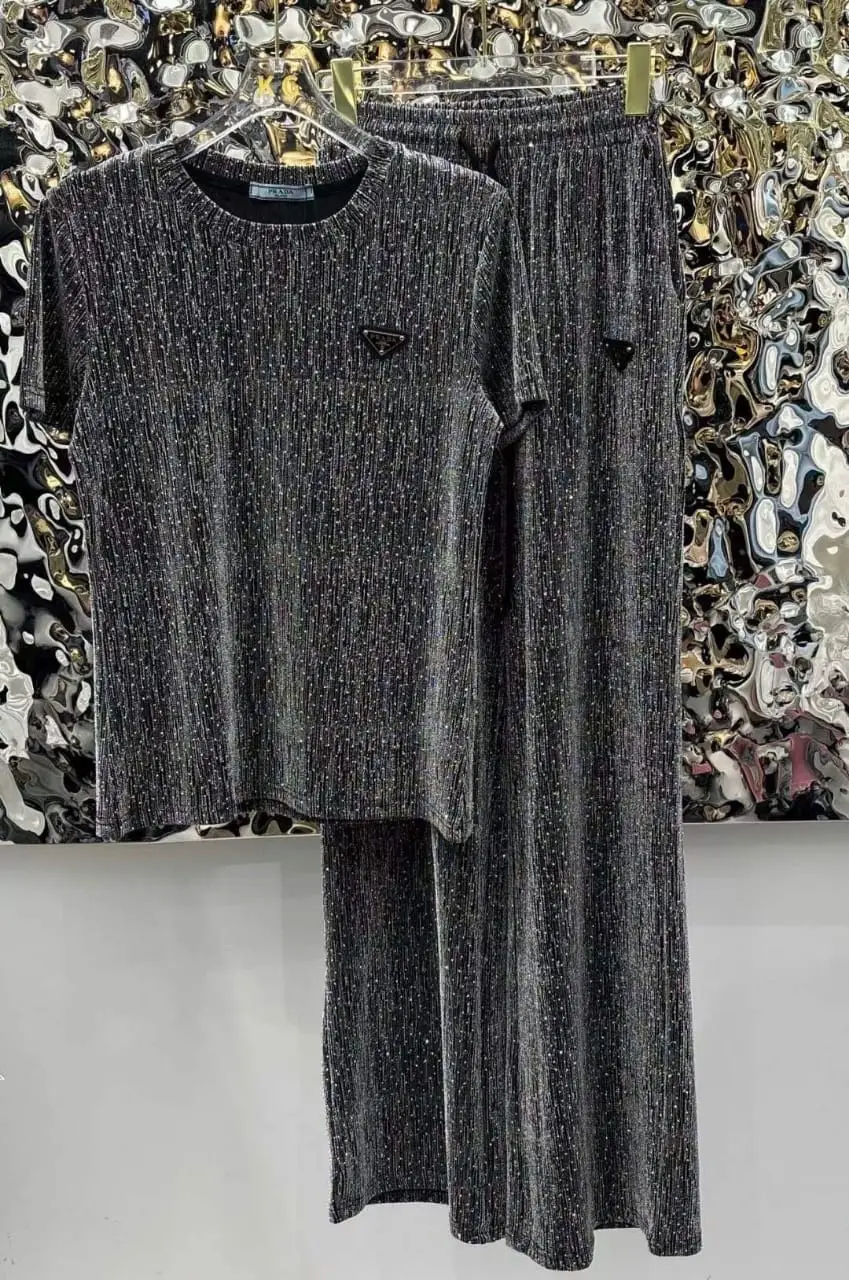 PRADA Crystal Embellished Silk Top & Pant Set PRADA Crystal Embellished Silk Top & Pant Set