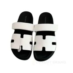 HERMES White/Black Leather Chypre Sandals for Men