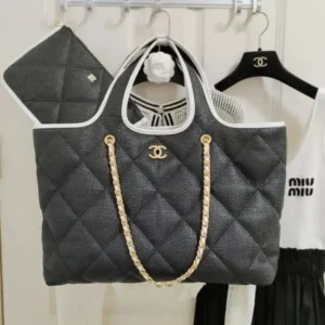 Design 2023 Black Raffia Calfskin Coco Maxi Beach Shopping Tote w/ Pouch for women - Dubai Fashion LUX