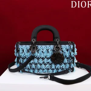 Design Blue Satin Embroidered Medium Lady D-Joy Bag - Dubai Fashion LUX