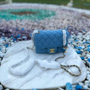 Design Denim Quilted CC Pearl Crush Mini Rectangular Flap Blue - Dubai Fashion LUX