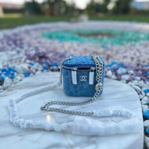 Design Denim Quilted Mini Pearl Crush Vanity Case With Chain - Dubai Fashion LUX