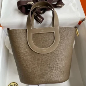 Design Gray Leather Basket Bag, Top Handle Tote with Interior Pocket - Dubai Fashion LUX