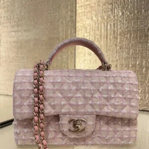 Design Tweed Quilted Mini Top Handle Rectangular Flap Light Pink - Dubai Fashion LUX