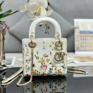 Design Women Mini Lady Bag Latte Calfskin Embroidered with Multicolor Small Flowers - Dubai Fashion LUX