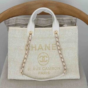 Buy Chanel Deauville Tote Light Beige Canvas Medium | Dubai Luxury Items