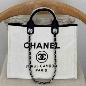 Buy Chanel Deauville Tote White Canvas Medium | Dubai Luxury Items