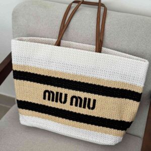 Buy Miu Miu Raffia Effect Woven Tote Bag In Beige And White Stripes