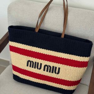 Buy Miu Miu Raffia Effect Woven Tote Bag In Blue, Beige And Red Stripes