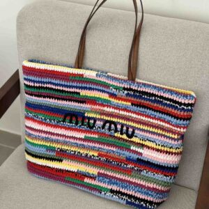 Buy Miu Miu Raffia Effect Woven Tote Bag In Multicolour Stripes