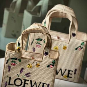 Buy Premium Loewe Font Naturel Floral Print Raffia Tote Bag