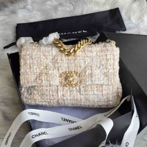 Chanel 19 Medium Beige And White Tweed Quilted Leather Flap Shoulder Bag - Dubai Luxury Items