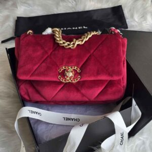 Chanel 19 Medium Red Quilted Velvet Leather Flap Shoulder Bag - Dubai Luxury Items