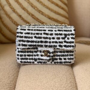 Chanel Black and White Stripe Sequin Classic Flap Bag - Dubai Luxury Items