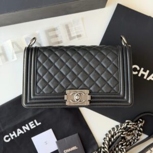 Chanel Black Quilted Caviar Ruthenium hardware Medium Boy Bag - Dubai Luxury Items