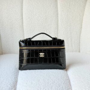 Chanel Black Top Handle Slim Vanity Calfskin Crocodile Embossed