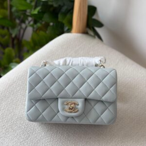 Chanel Classic Mini Flap Bag 20CM Baby Blue Lambskin Leather Gold Hardware - Dubai Luxury Items