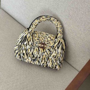Chanel Kelly Raffia Fringe Top Handle Bag Yellow Black White