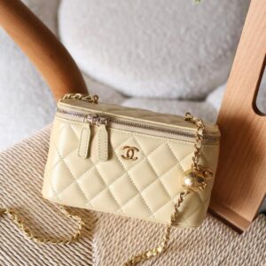 Chanel Light Yellow Small Pearl Crush Quilted Lambskin Vanity Case