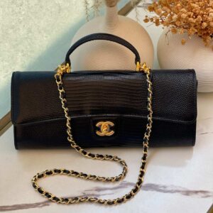 Chanel Long Top Handle Clutch With Chain Black Lizard Embossed Calfskin