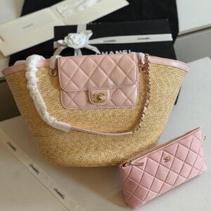 Chanel Pink Large Tote Braided Straw Lambskin Gold Tone Metal
