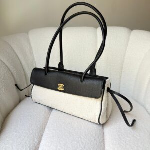Chanel Small Urban Essential East-West Tote Bag Black Calfskin & White Boucle Tweed
