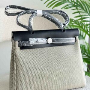 Hermes Herbag 31 Black Leather And Ecru Toile Canvas Handbag