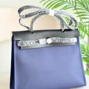 Hermes Herbag 31 Black Leather And Royal Blue Canvas Handbag
