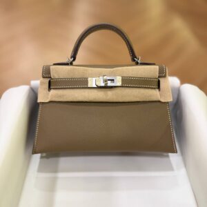 Hermes Mini Kelly 20 White Stitching Etoupe Epsom Leather SHW - Dubai Luxury Items